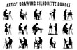 Artist silhouette Vector art Set, Painter Artist Silhouette collection, Artist Drawing Silhouettes