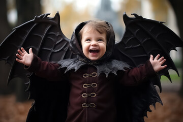 Cheerful Child in the costume of a small vampire with a hood and raised wings.