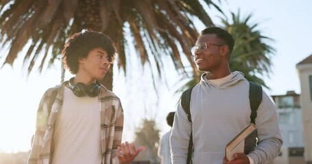 Sticker - College, students talking and friends walking to campus together in the morning. Happy African men, university and journey to school, travel or conversation on commute in learning, education or study