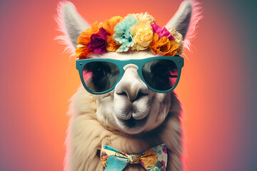 Cheerful llama, alpaca in glasses on a bright background, with a multi-colored bow tie. Humorous postcard, funny poster.