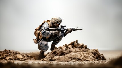 GOVERNMENT SOLDIER IN BATTLE, RIFLE READY FOR COMBAT