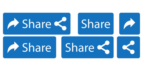 Aufkleber - Share. Blue icons with inscription, picture, arrow, arrow and inscription. All variants and combinations of the Share icon.
