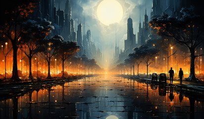 Wall Mural - Sunset in the city. AI generated