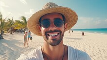 Close-up Shot Of A Good-looking Male Tourist. Enjoy Free Time Outdoors Near The Sea On The Beach. Looking At The Camera While Relaxing On A Clear Day Poses For Travel Selfies Smiling Happy Tropical