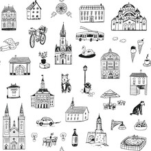 Travel Serbia Landmarks Vector Illustrations Doodle Seamless Pattern.
