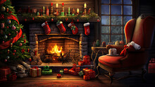 Christmas Tree With Fire Place In A Cabin With Stockings Presents And Candles Background