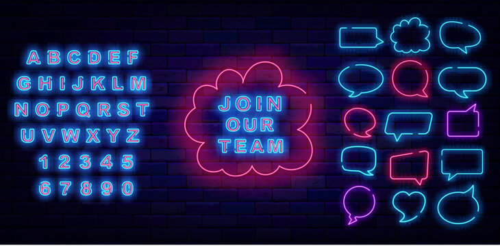 Join our team neon signboard. Shiny blue alphabet. Welcome to our company. Speech bubbles frames. Vector illustration