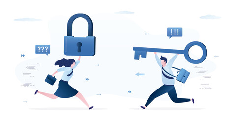 People run to meet each other. Cooperation helps to solve business problems and overcome obstacles. Businesswoman with lock and businessman with big key. Relationship,