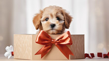 Cute Puppy Sits In A Gift Box With A Bow Close-up