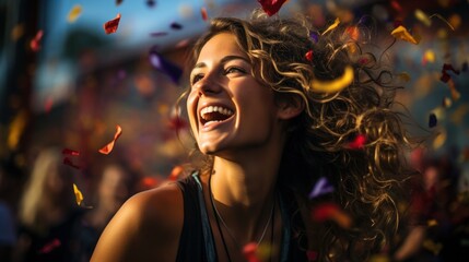 Wall Mural - Friends dancing to confetti rain at outdoor festival.