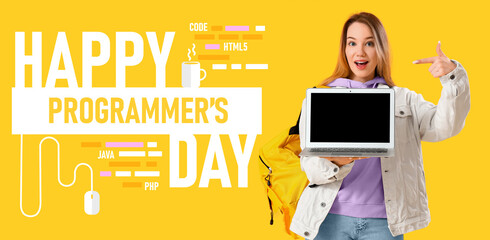 Young woman with laptop and text HAPPY PROGRAMMER'S DAY on yellow background