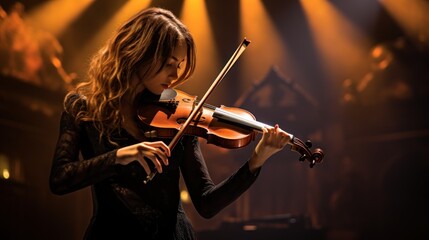 Musician woman playing violin in concert hall.