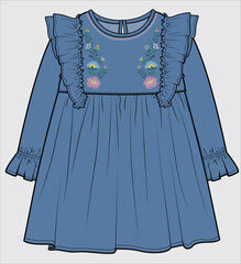 Wall Mural - THREAD EMBROIDERY DESIGN FRILLED DRESS FOR TODDLER GIRLS IN EDITABLE VECTOR FILE
