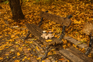 Wall Mural - Cups of coffee with macaroons on bench in autumn park