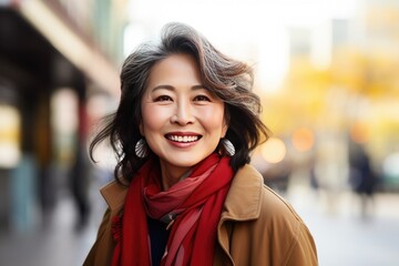 Wall Mural - Mature Asian woman smiling happy face portrait on a  city street