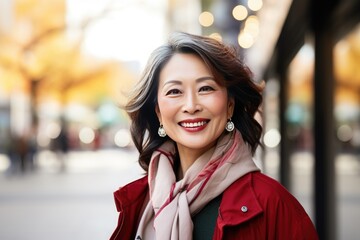 Poster - Mature Asian business woman smiling happy face portrait on a  city street