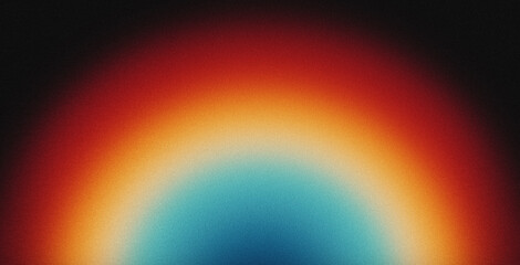 Vibrant rainbow, orange blue teal white psychedelic grainy gradient color flow wave on black background, music cover dance party poster design. Retro Colors from the 1970s 1980s, 70s, 80s, 90s style