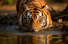 Tiger Drinking Water, Closeup. Generative AI
