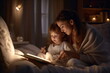 © Canvas Alchemy - Family before going to bed mother reads to her child a book near a lamp in the evening