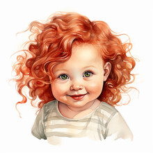 Charming Little Girl With Red Hair Smiling Sweetly,white Background,watercolor Illustration