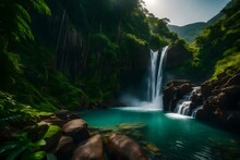 A Breathtaking Waterfall Cascading Down A Rocky Cliff Into A Pool Below, Surrounded By Lush Green Vegetation.