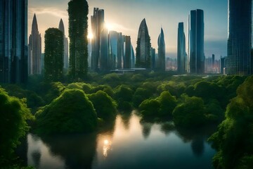 Wall Mural - A city skyline into a futuristic metropolis integrated with greenery and sustainable architecture