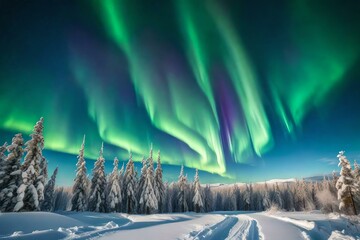 Wall Mural - A cloudy sky into a breathtaking display of the Northern Lights dancing above a snowy landscape