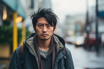 Poster - Asian man serious sad angry face portrait on city street