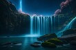 A galaxy-themed waterfall cascading into an alien landscape