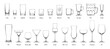 Glass and wineglass set. Different types of glasses and wineglasses on white. Vector illustration