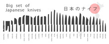 Big Set Of Japanese Knives. Knife Silhouette On White. Vector Illustration