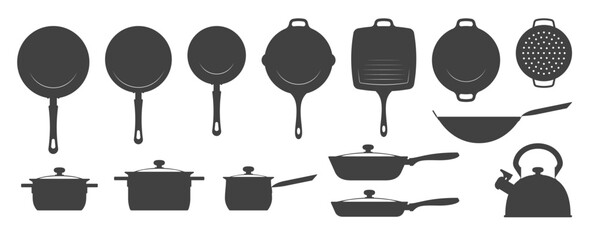 Wall Mural - Kitchenware set. Silhouettes of pans pots and other on white. Vector illustration