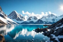 A Majestic Snow-capped Mountain Range Rising Above A Serene Alpine Lake