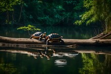 A Peaceful Backwater With Transparent Water And Turtles Sunbathing On Logs