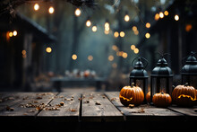 Halloween Wooden Background With Pumpkins And Lanterns