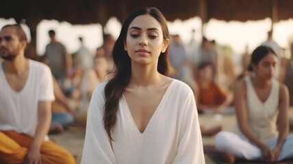 young adult woman, sitting indoor, by the window in the nature near a forest or jungle, early in the morning, a new day begins, yoga or meditation