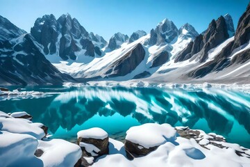 Wall Mural - A realistic image of a pristine glacial lake surrounded by snow-capped mountains.
