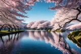 Fototapeta Krajobraz - A serene lake surrounded by blooming cherry blossom trees