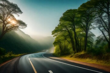 Wall Mural - A wide road with trees on a road side wiht cold air, giving awesome scenery