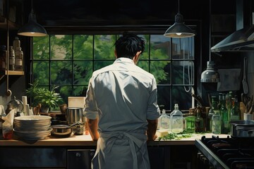 Wall Mural - Man's back in a Kitchen Working