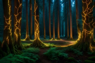 Wall Mural - An enchanting lightning forest, where vibrant electric currents illuminate multiple paths, each leading to a different area of natural beauty