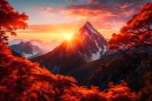 Capturing The Breathtaking Beauty Of A Stunning Sunrise Over A Majestic Mountain Peak. The Sky Is Painted In Vivid Hues Of Orange And Pink
