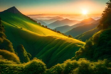 Canvas Print - Capturing the allure of a sunrise over a lush green mountain peak