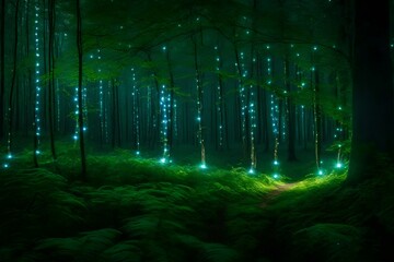 Wall Mural - Picture a magical lightning forest, where luminous lightning bugs form sparkling pathways that wind through the trees