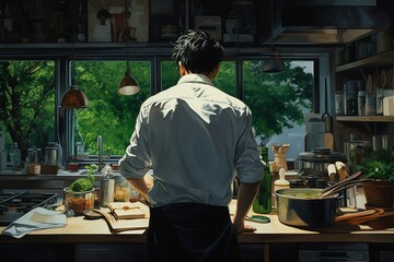 Wall Mural - Man's back in a Kitchen Working