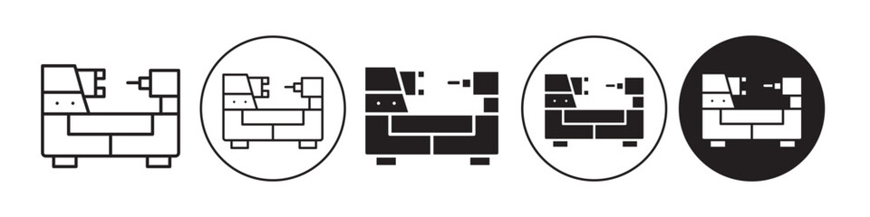 Poster - Lathe machine Icon. Mechanical engineering work equipment symbol. Vector set of metal product manufacturing industrial rotating tool. Flat outline of gear machinery production unit of factory work