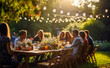 © Viks_jin - Autumn barbecue party with friends. Happy couple friends enjoying dinner, toasting wine glasses at summer table on house patio with string lights, digital ai