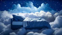 bed stand in a blue fluffy cloud in the sky symbolic for good sleep