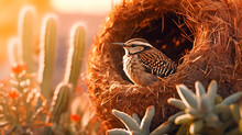 Cactus Wren Perched In A Nest On Saguaro At Sunset. Beautiful Desert Bird At Sunrise