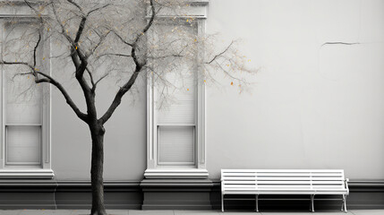 Wall Mural - Winter - tree with no leaves - park bench - white ornate building 